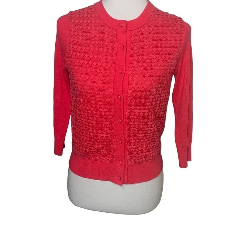 Kate Spade Coral Pink Button Front Knit Cardigan Crochet Overlay sz XS X-small